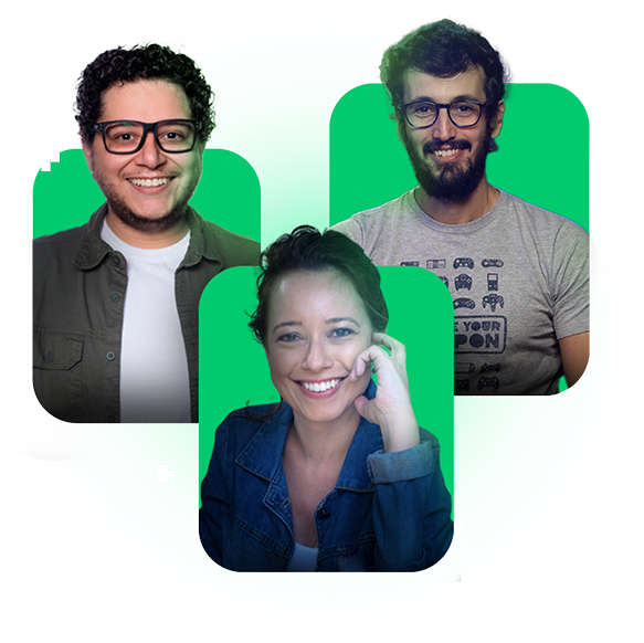Imagem dos instrutores da Imersão Dev da Alura, apresentando, da esquerda para a direita, André David, Fernanda Degolin e Paulo Silveira. Eles estão sorrindo com um fundo azul ao fundo e cada um vestindo camisas casuais.